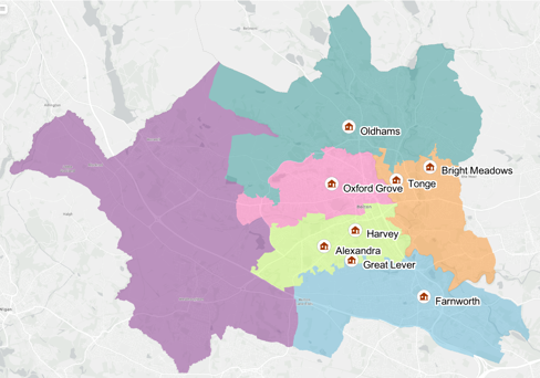 Map of Bolton showing the Family Hub centres